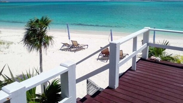 Une vue sur la plage depuis une terrasse en bois, avec des chaises longues et un palmier.