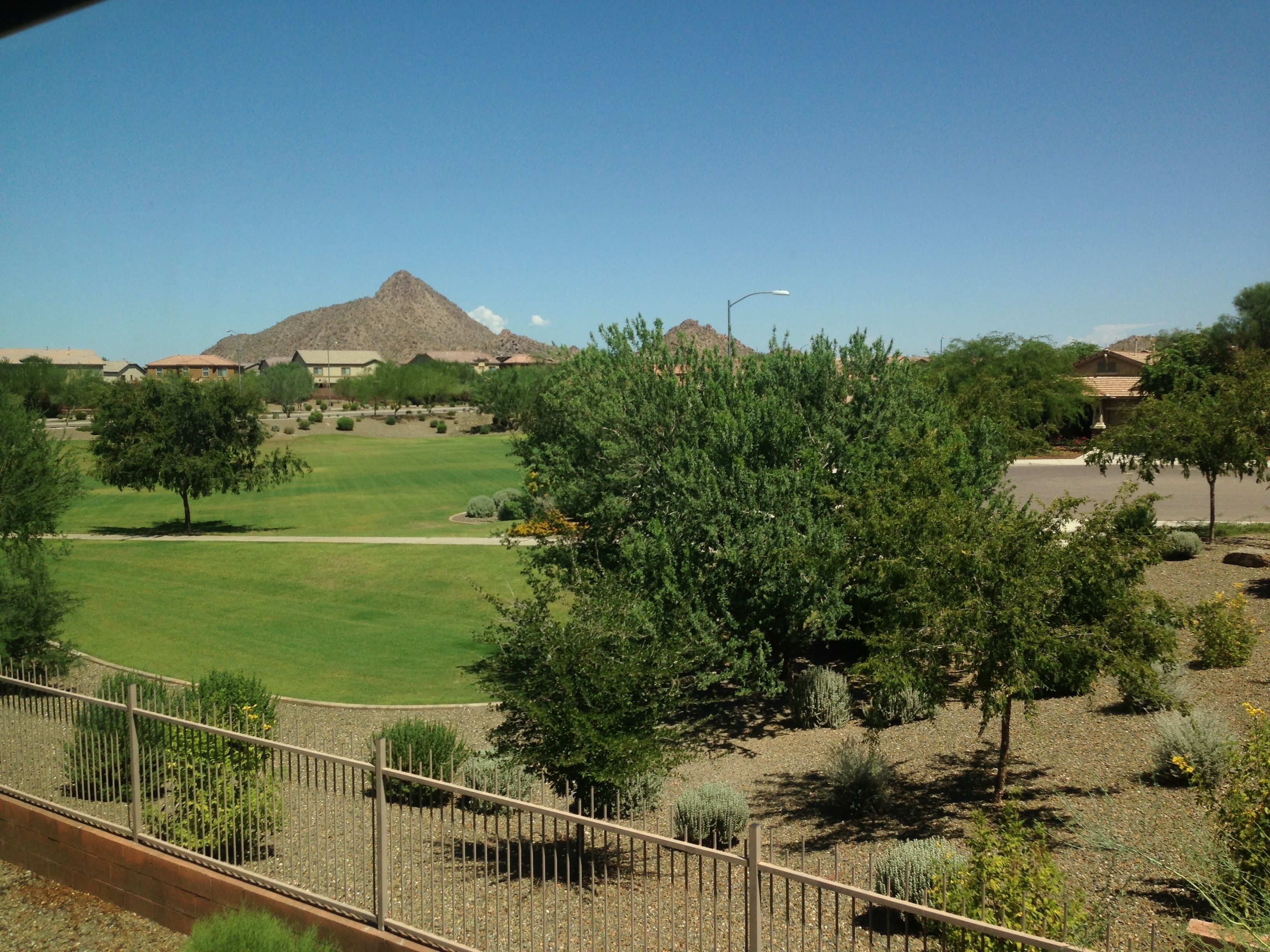 A residential area with houses, a mountain, and a fenced green space.