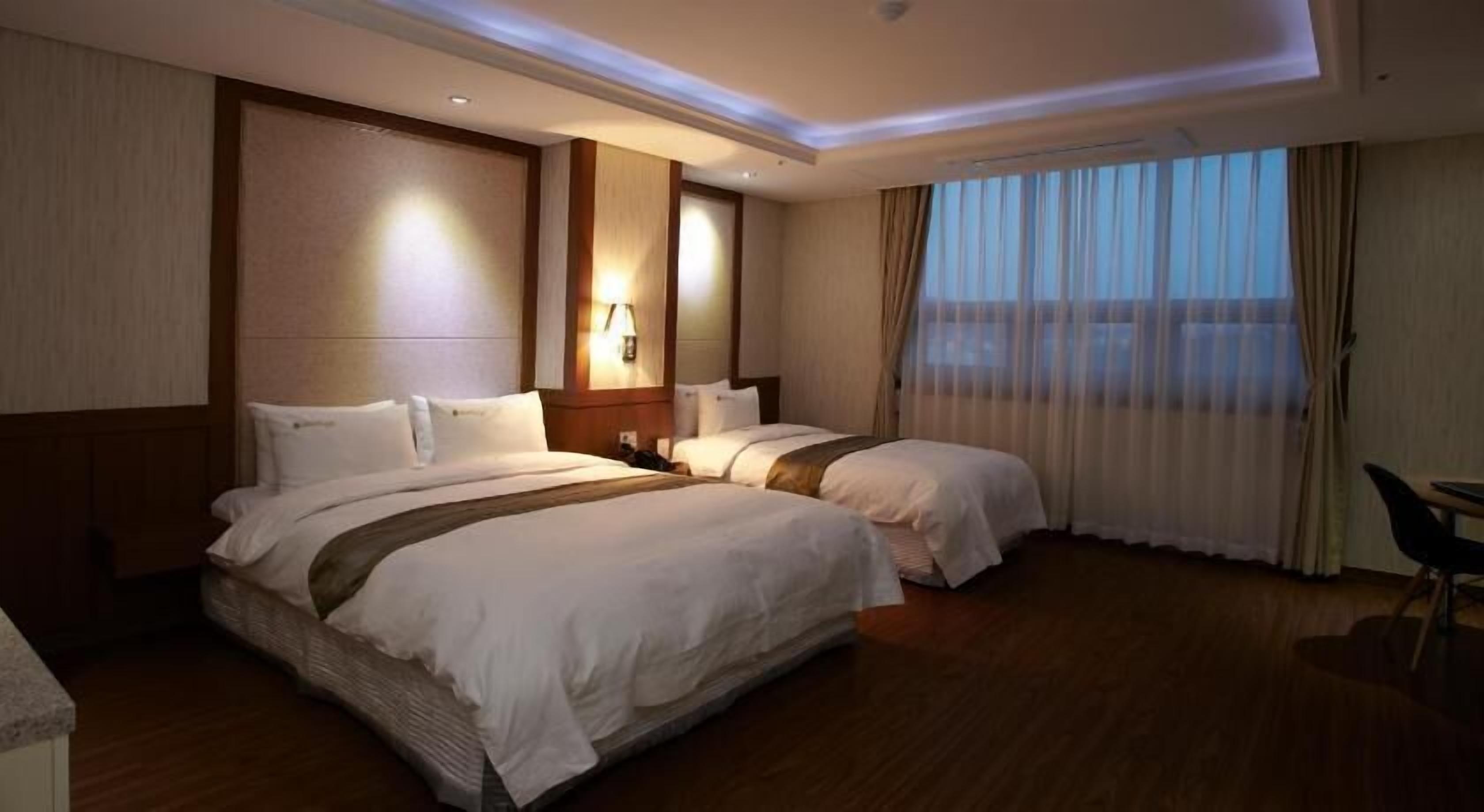 Desk, laptop workspace, blackout curtains, soundproofing