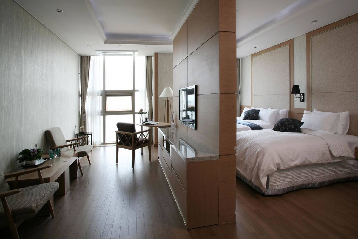 Desk, laptop workspace, blackout curtains, soundproofing