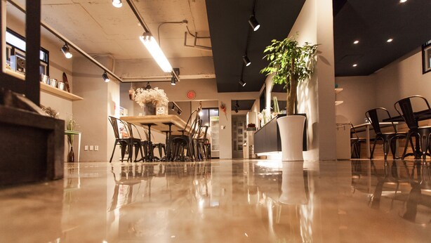 A modern interior with a polished floor, metal chairs, a potted plant, and shelves with various items. - Suncheon Guesthouse Nreem (Suncheon)