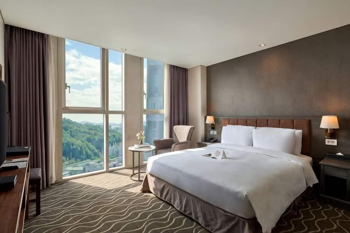 Camera d'albergo con un letto grande, una scrivania, una sedia, un tavolino e vista sull'esterno.