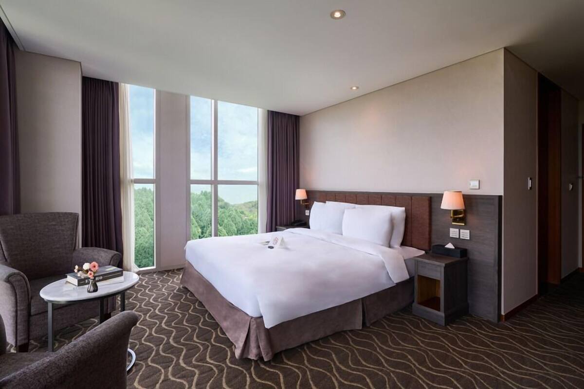 Una camera d'albergo con un letto grande, una scrivania, una sedia e vista sull'esterno.