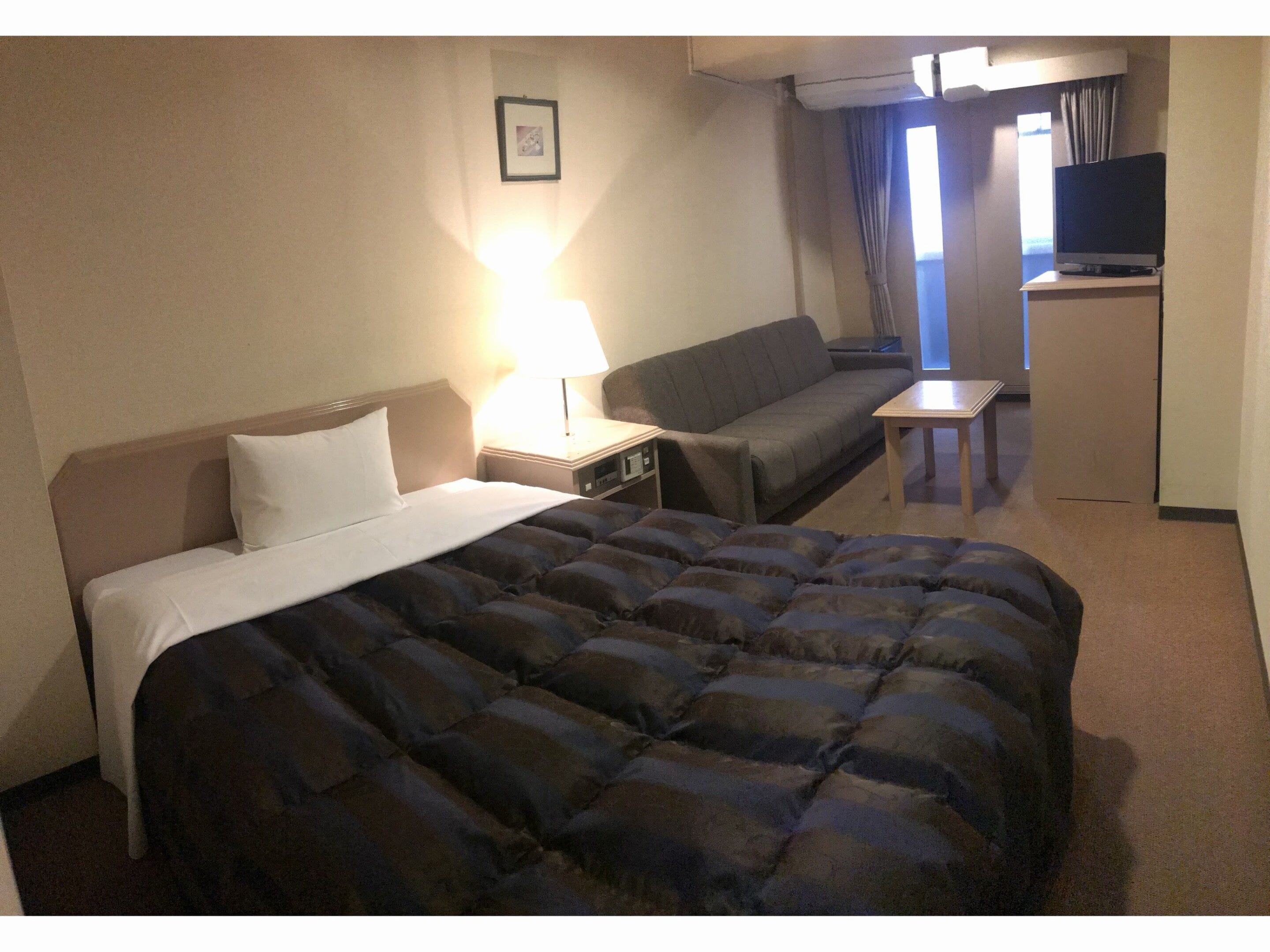 Ett hotellrum med en säng, en soffa, ett skrivbord och en tv.