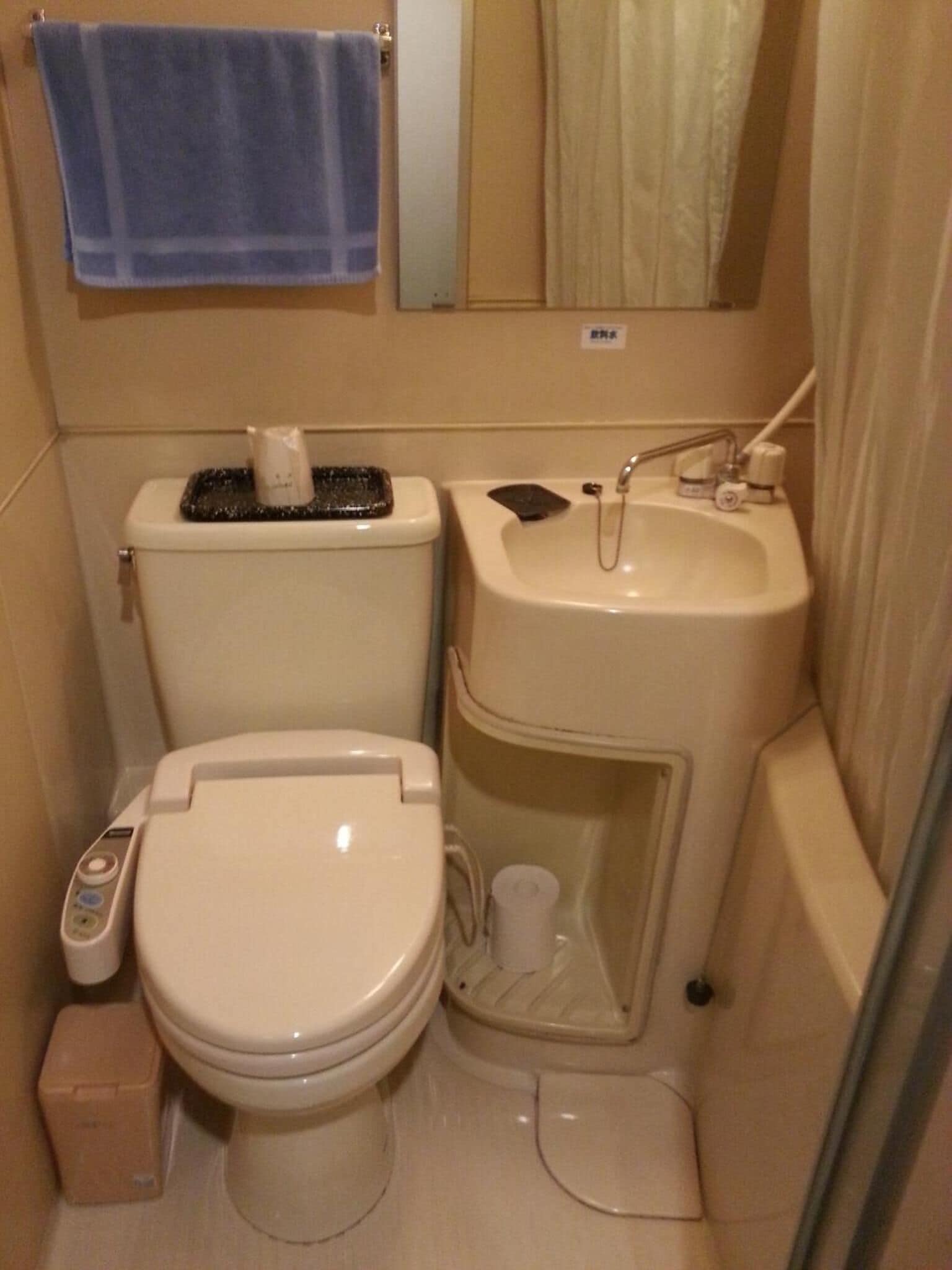 A small bathroom with a toilet, sink, and shower.