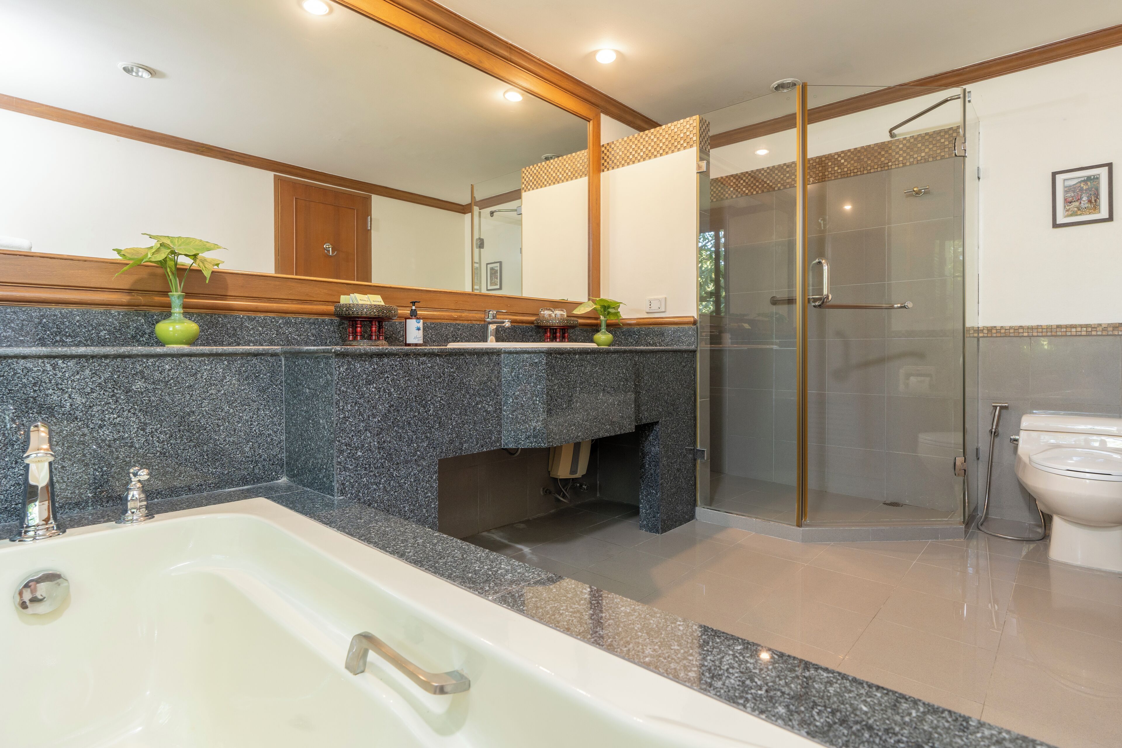 A bathroom with a bathtub, a shower, a toilet, and a sink.