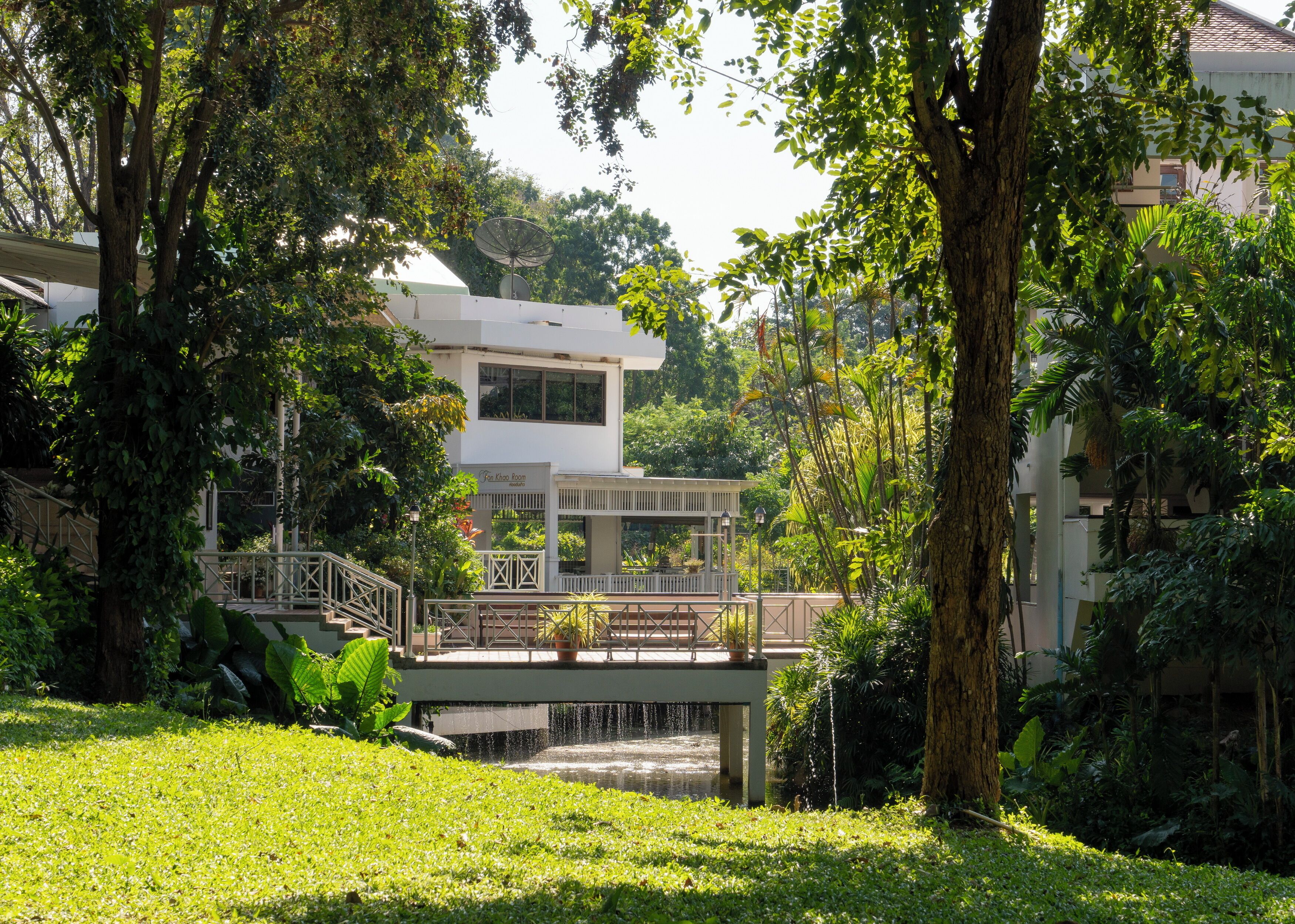 A lush garden with a white building, a bridge, and a water feature.