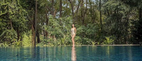 Outdoor pool, pool umbrellas, pool loungers