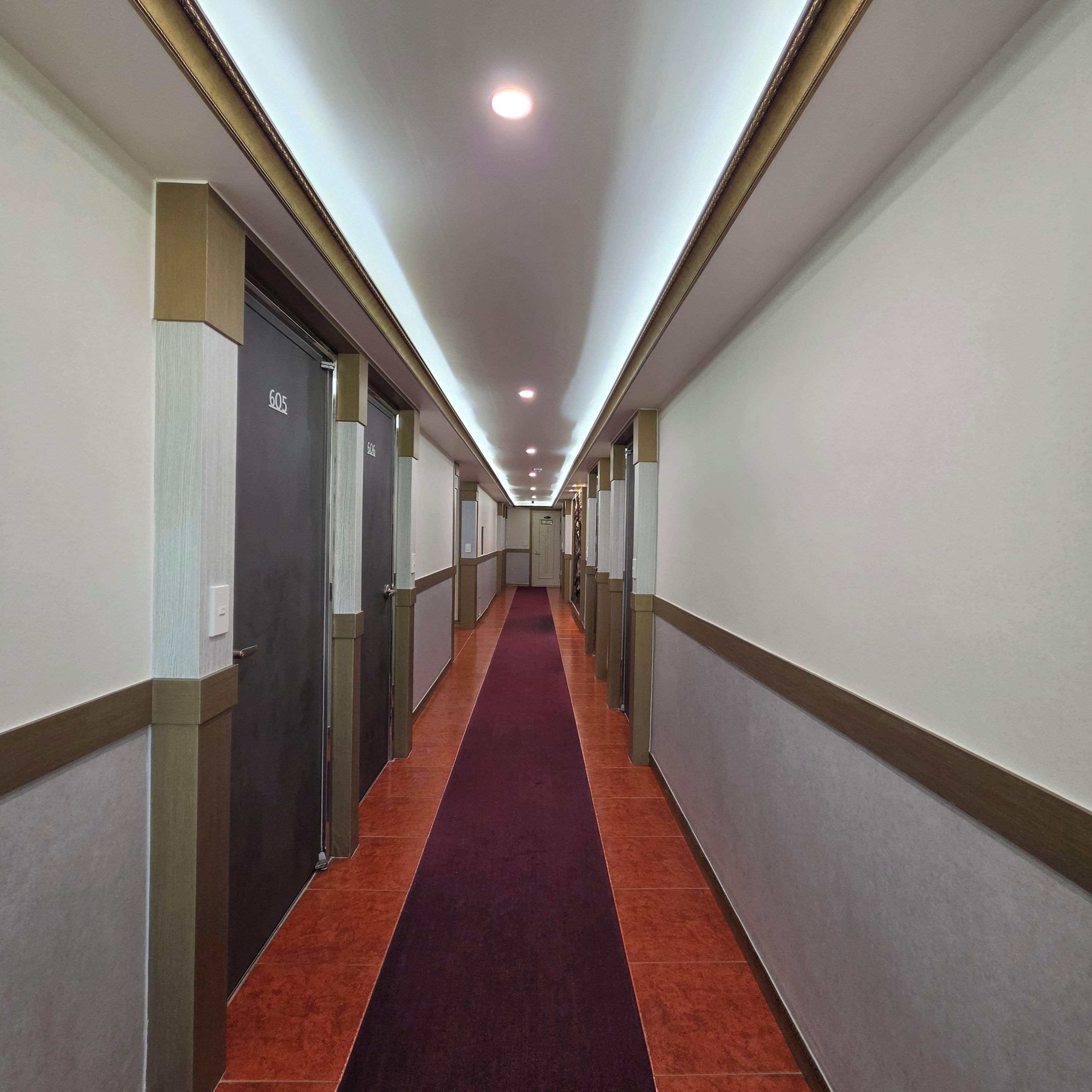 A long hallway with doors on both sides, a red carpet, and a ceiling with recessed lighting.