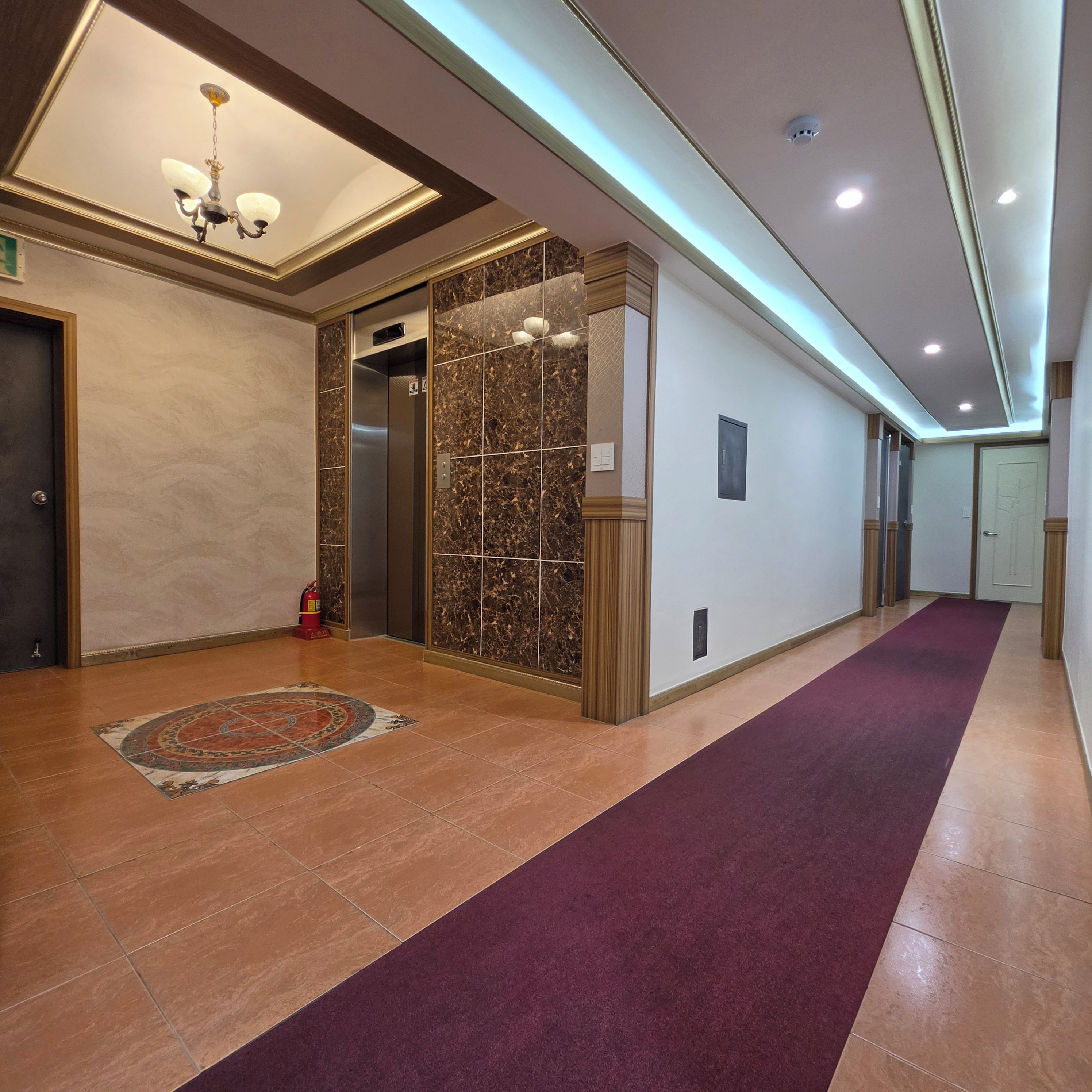 A hotel lobby with a marble wall, an elevator, a fire extinguisher, and a patterned rug.