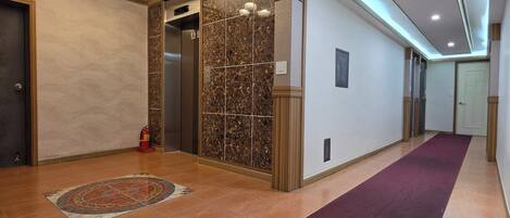 A hotel lobby with a marble wall, an elevator, a fire extinguisher, and a patterned rug.