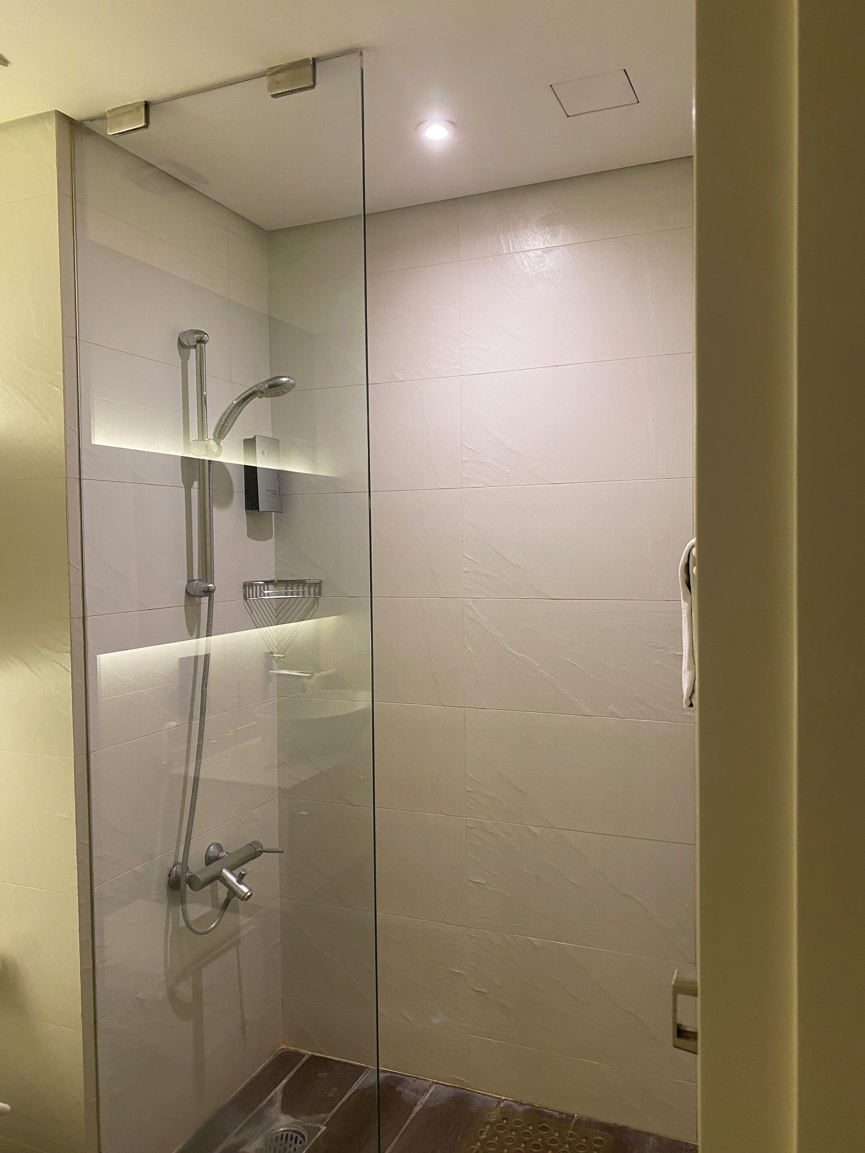 A glass-enclosed shower stall with a handheld showerhead, a fixed showerhead, and a handheld faucet.