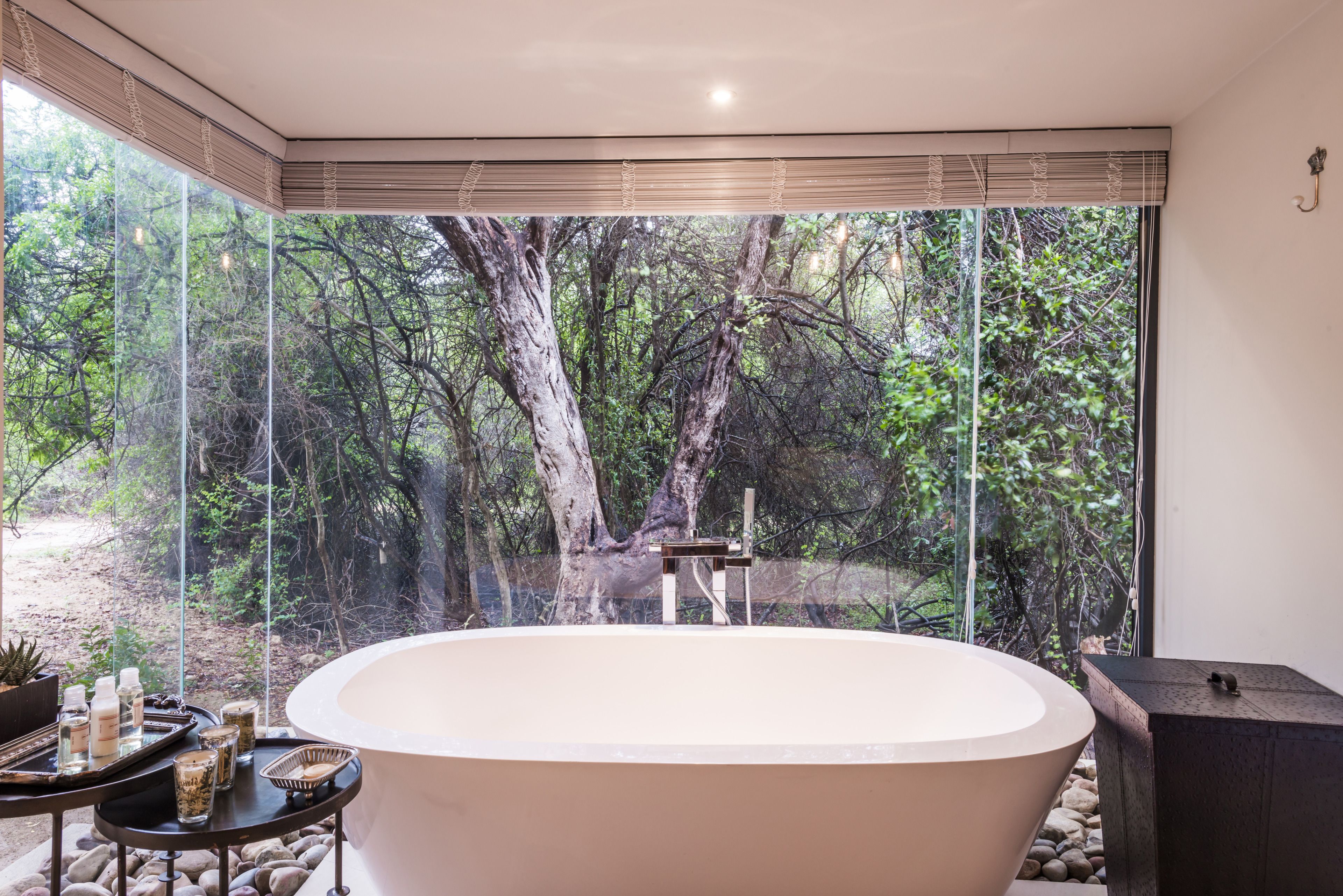 Un baño moderno con una bañera grande, una mesita con artículos de aseo y vistas a un bosque a través de amplios ventanales.