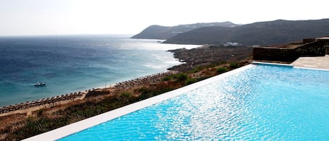 Seasonal outdoor pool, pool loungers