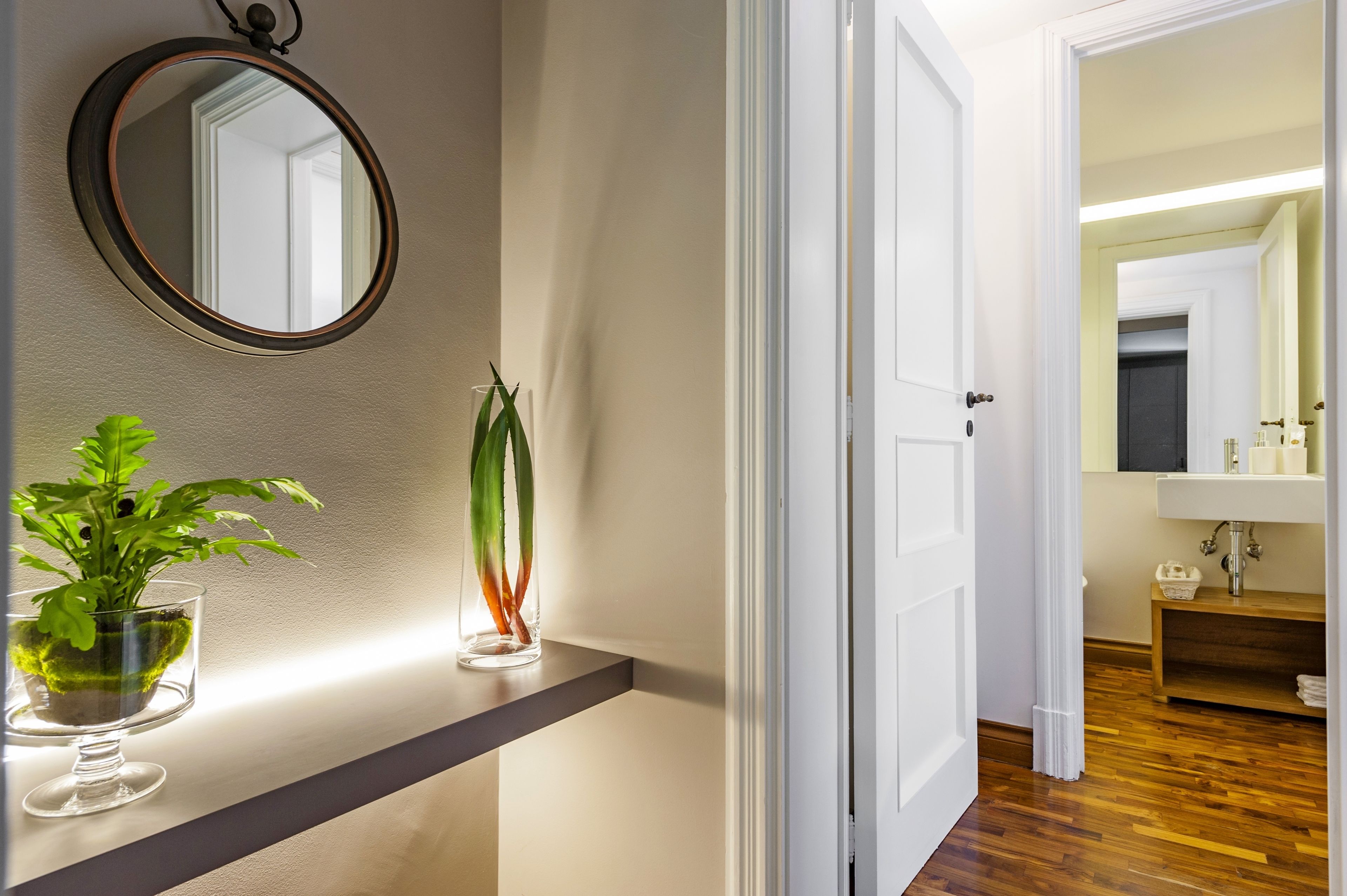 A hallway with a mirror, a potted plant, and a wooden shelf.