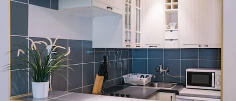 Appartement Design, 3 chambres, non-fumeur, cuisine (9) | Cuisine privée | Réfrigérateur, four à micro-ondes, cafetiÚre-théiÚre