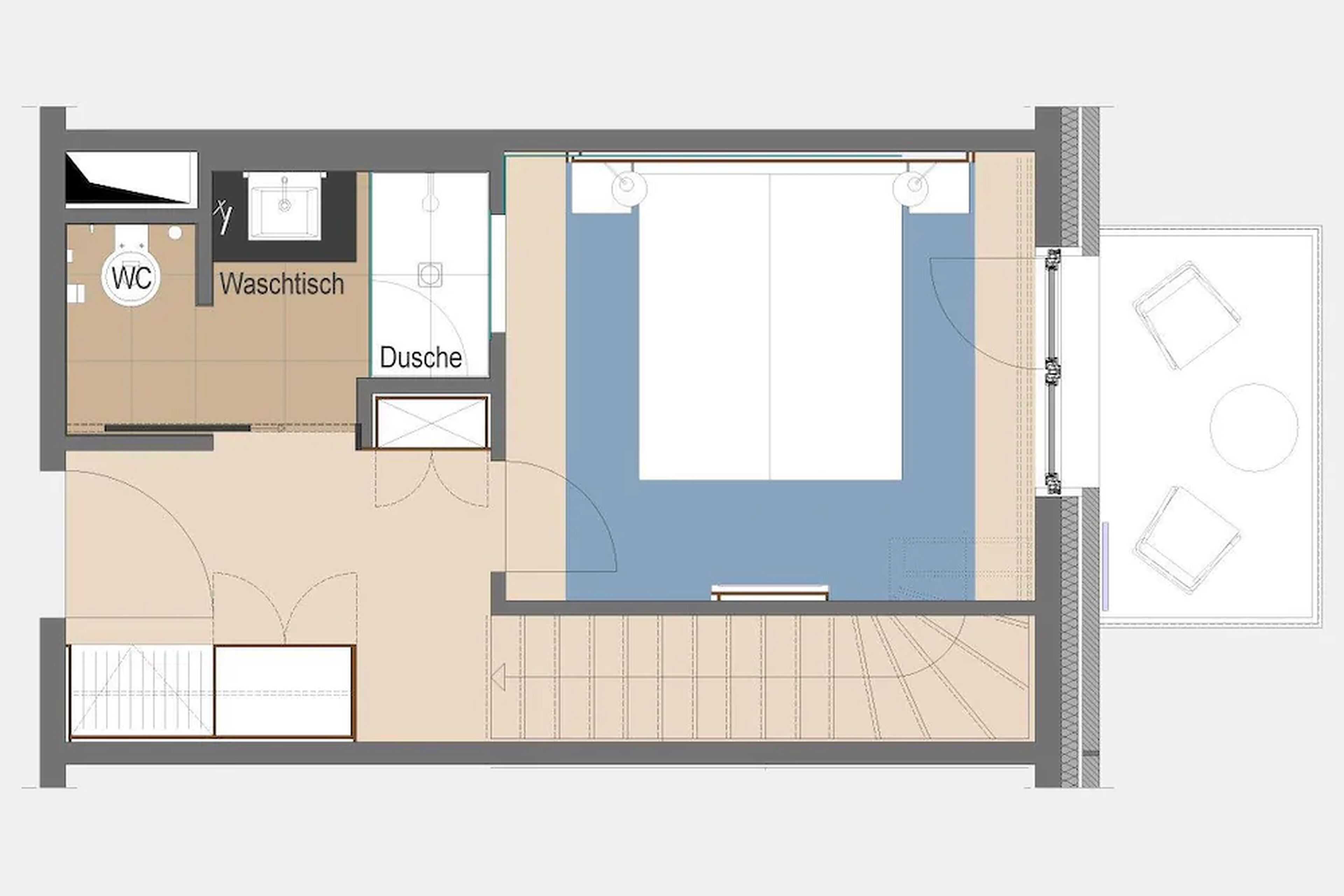 Plano de un cuarto de hotel que muestra un inodoro, lavamanos y una cama grande.