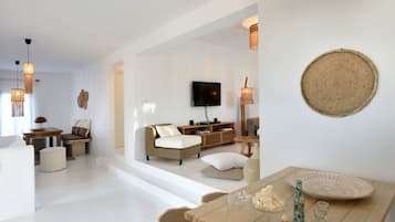 Deluxe Villa, 3 Bedrooms, Private Pool, Sea View (Avra) | Living area | 45-inch flat-screen TV with satellite channels, TV
