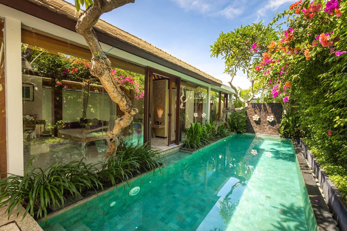 A swimming pool with a glass enclosure, surrounded by lush greenery and flowering plants.