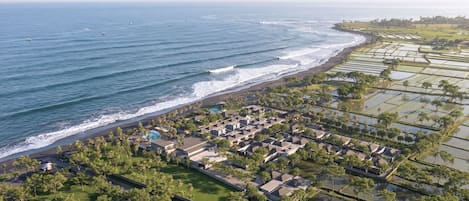 An aerial view of a coastal resort with beachfront properties, a swimming pool, and adjacent rice paddies.