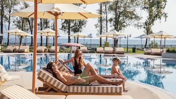 Seasonal outdoor pool, pool umbrellas, sun loungers