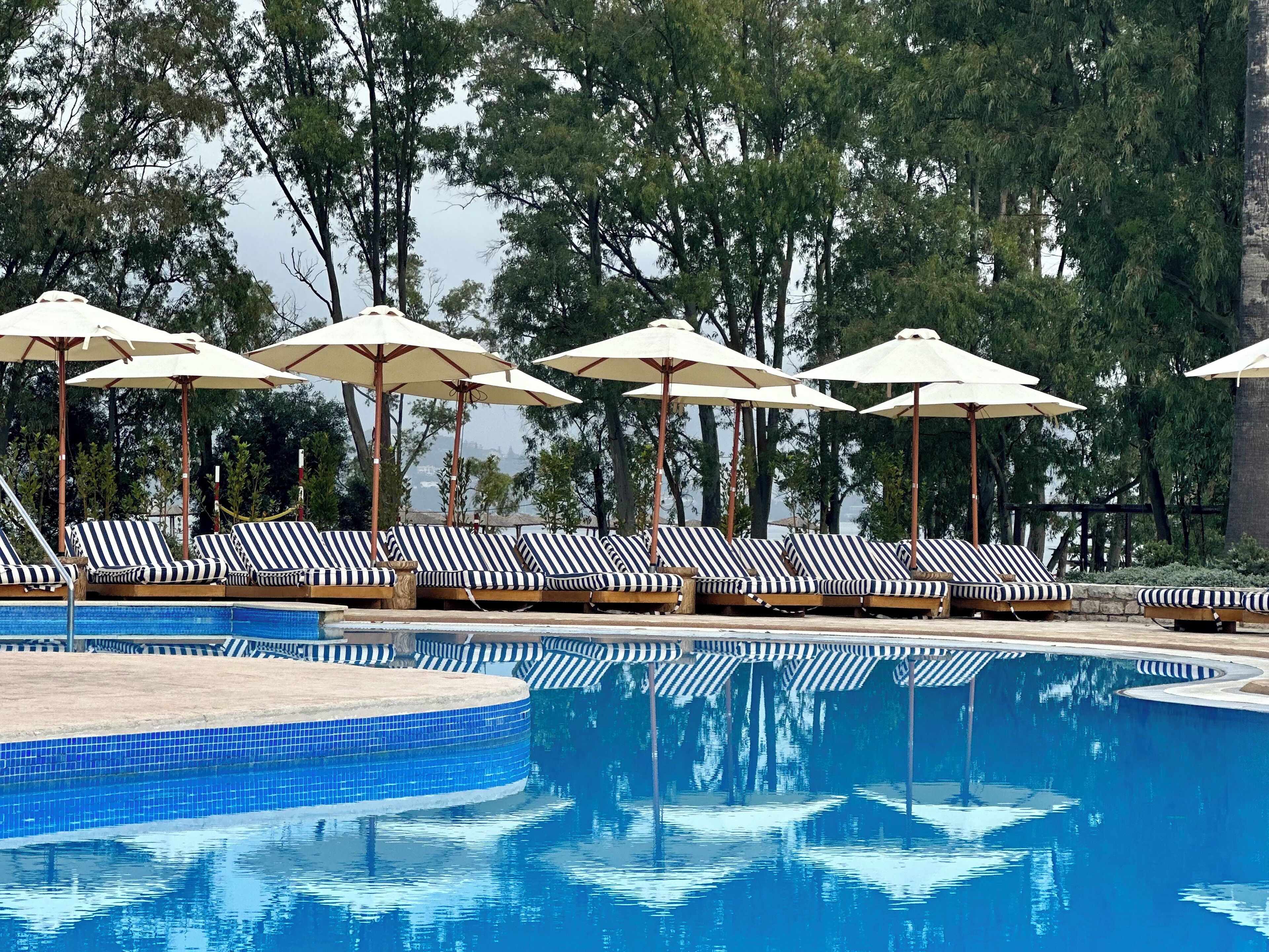 seasonal outdoor pool, pool umbrellas, pool loungers