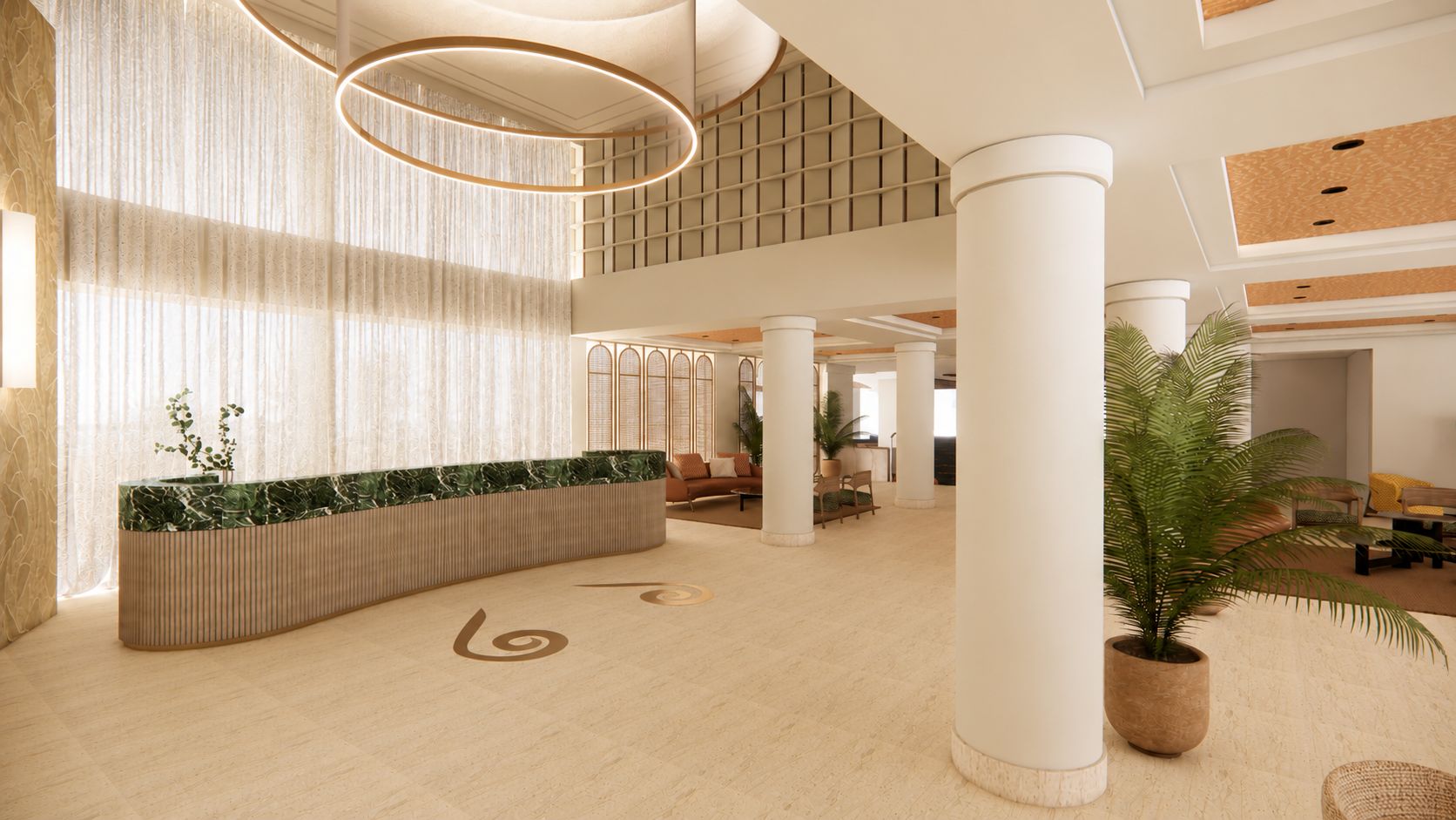 A spacious lobby with a reception desk, seating area, and a large plant.