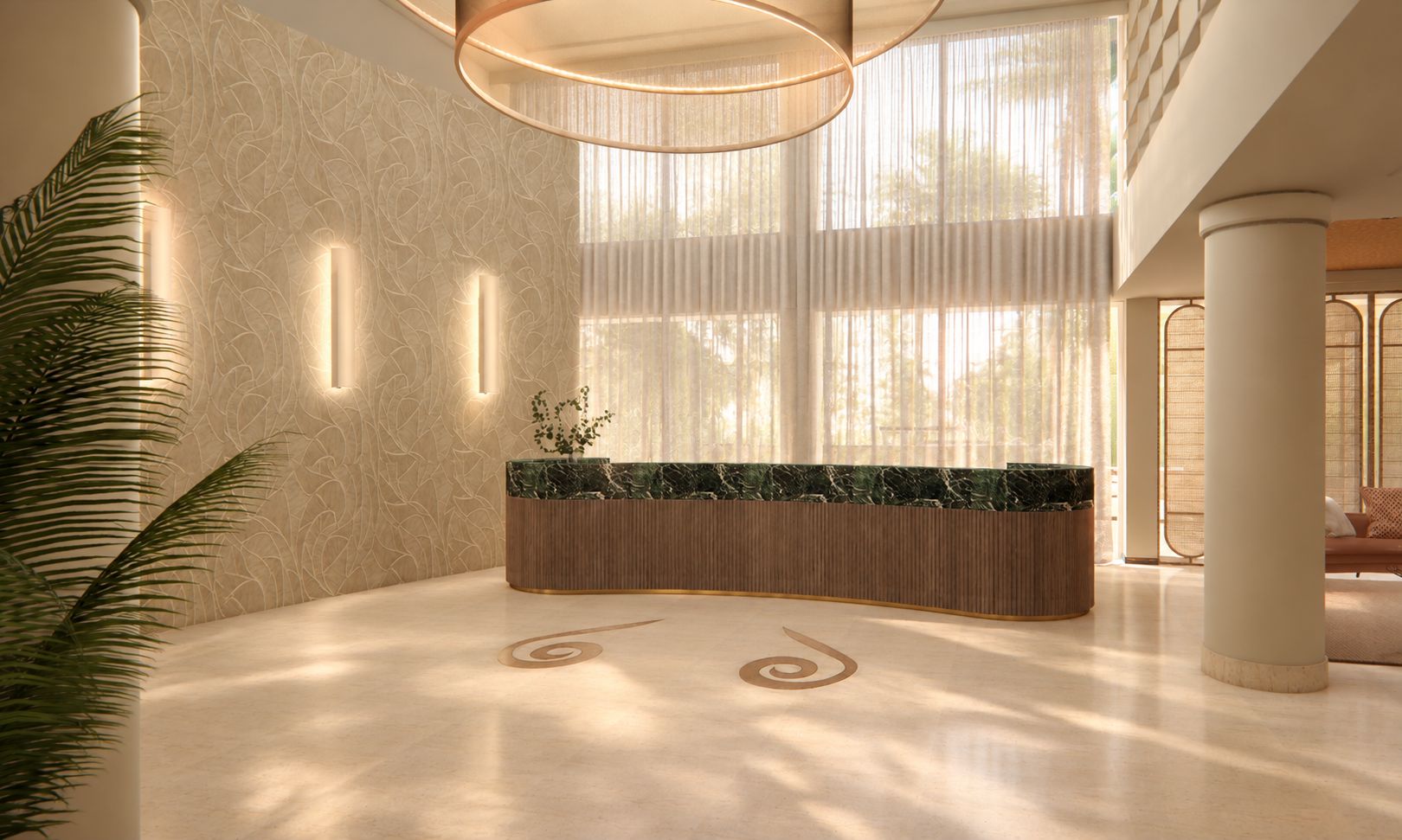 A reception area with a marble counter, large windows, and a modern chandelier.