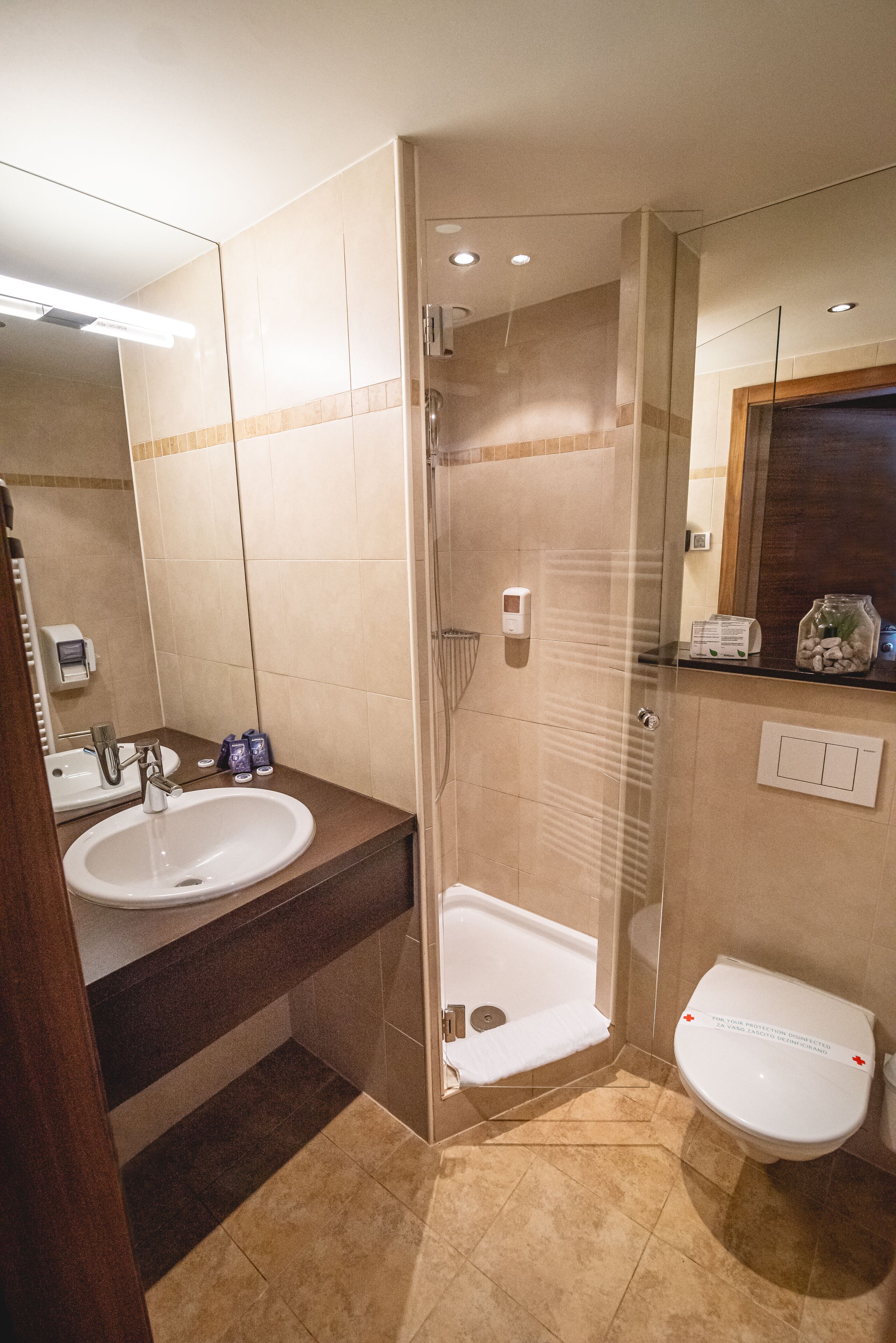 A modern bathroom with a glass-enclosed shower, a sink, and a toilet.