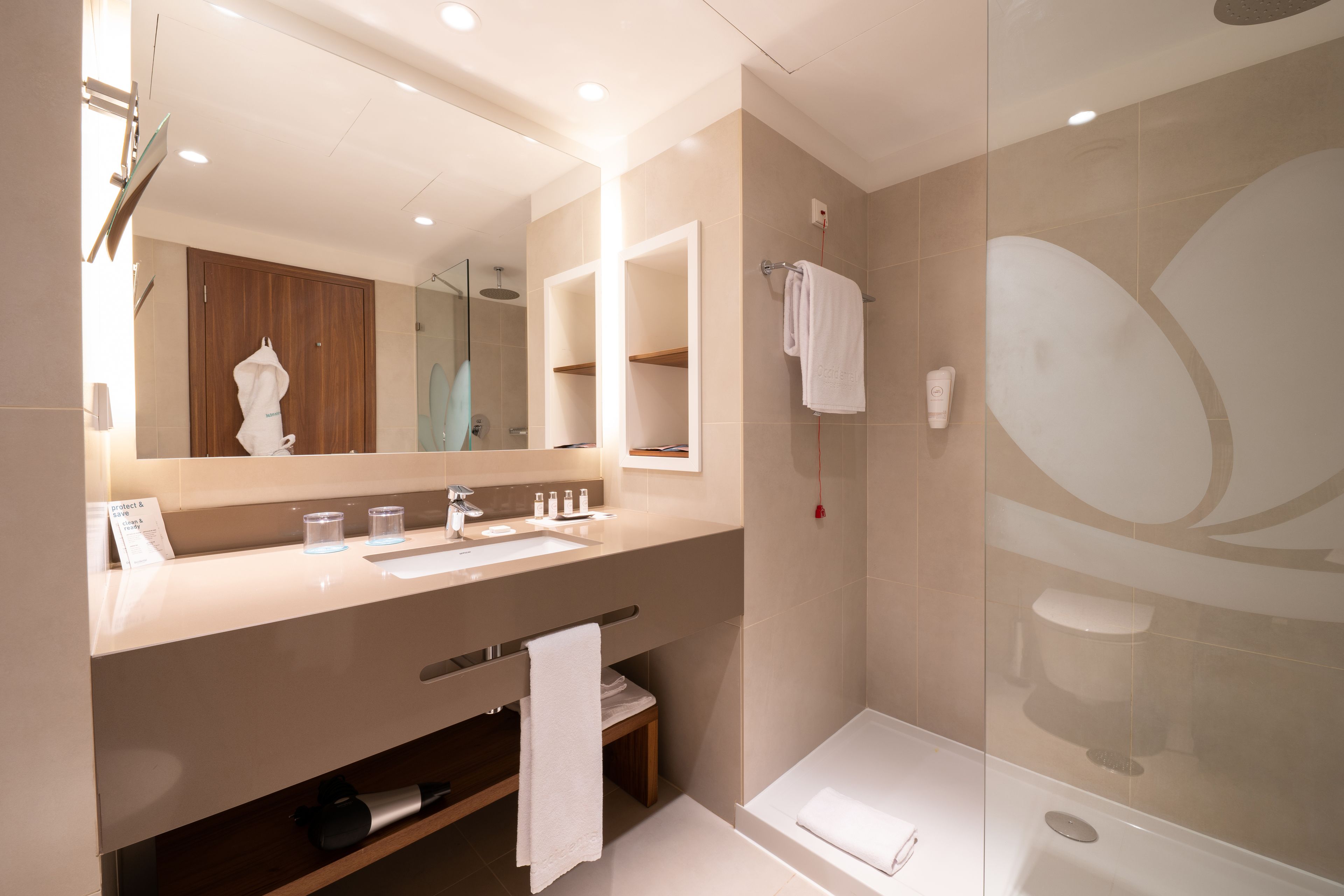 shower, free toiletries, hair dryer, towels