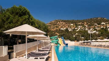 Outdoor pool, pool umbrellas, pool loungers