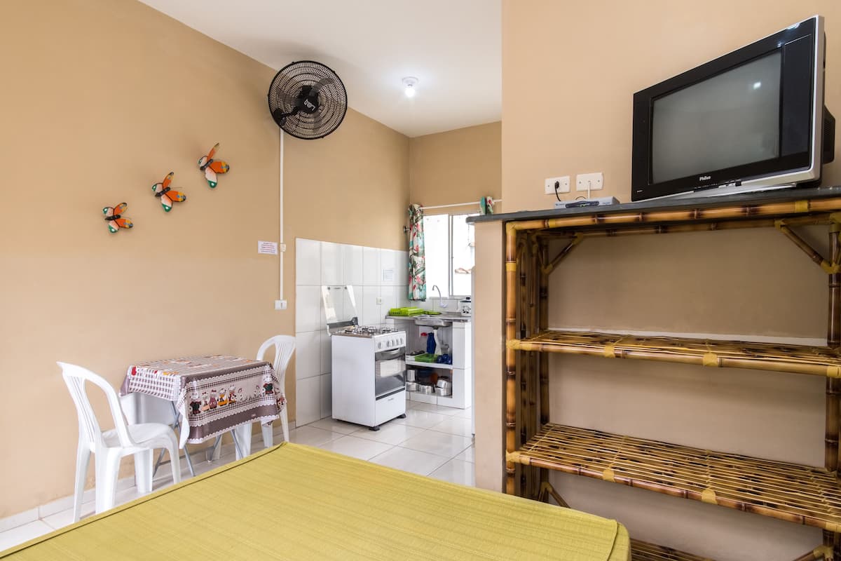 A compact kitchen with a stove, sink, and white cabinets. There is a dining area with a table and chairs, and a TV on a bamboo shelf.