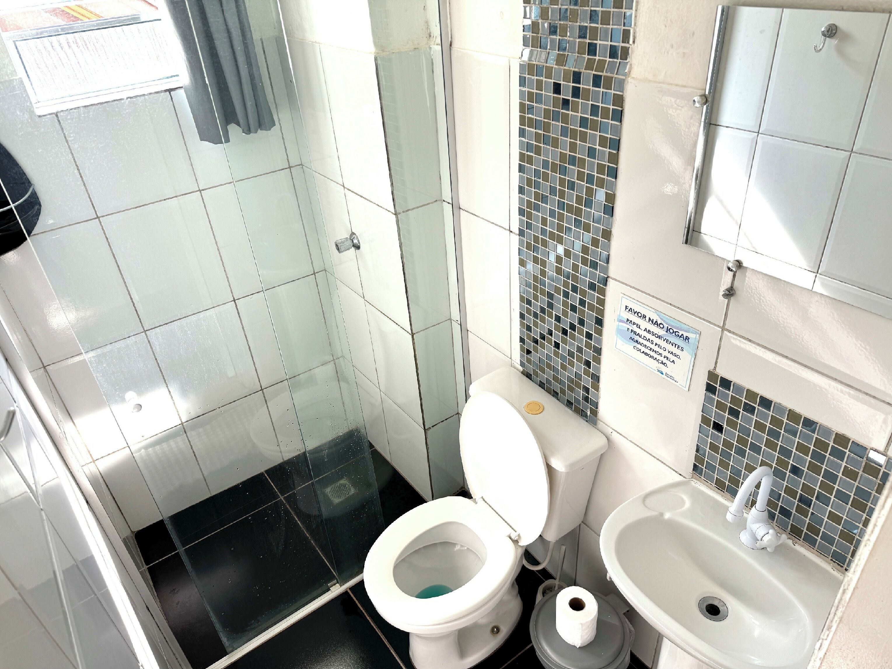 A bathroom with a toilet, sink, and shower area.
