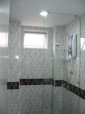 Shower, hair dryer, towels
