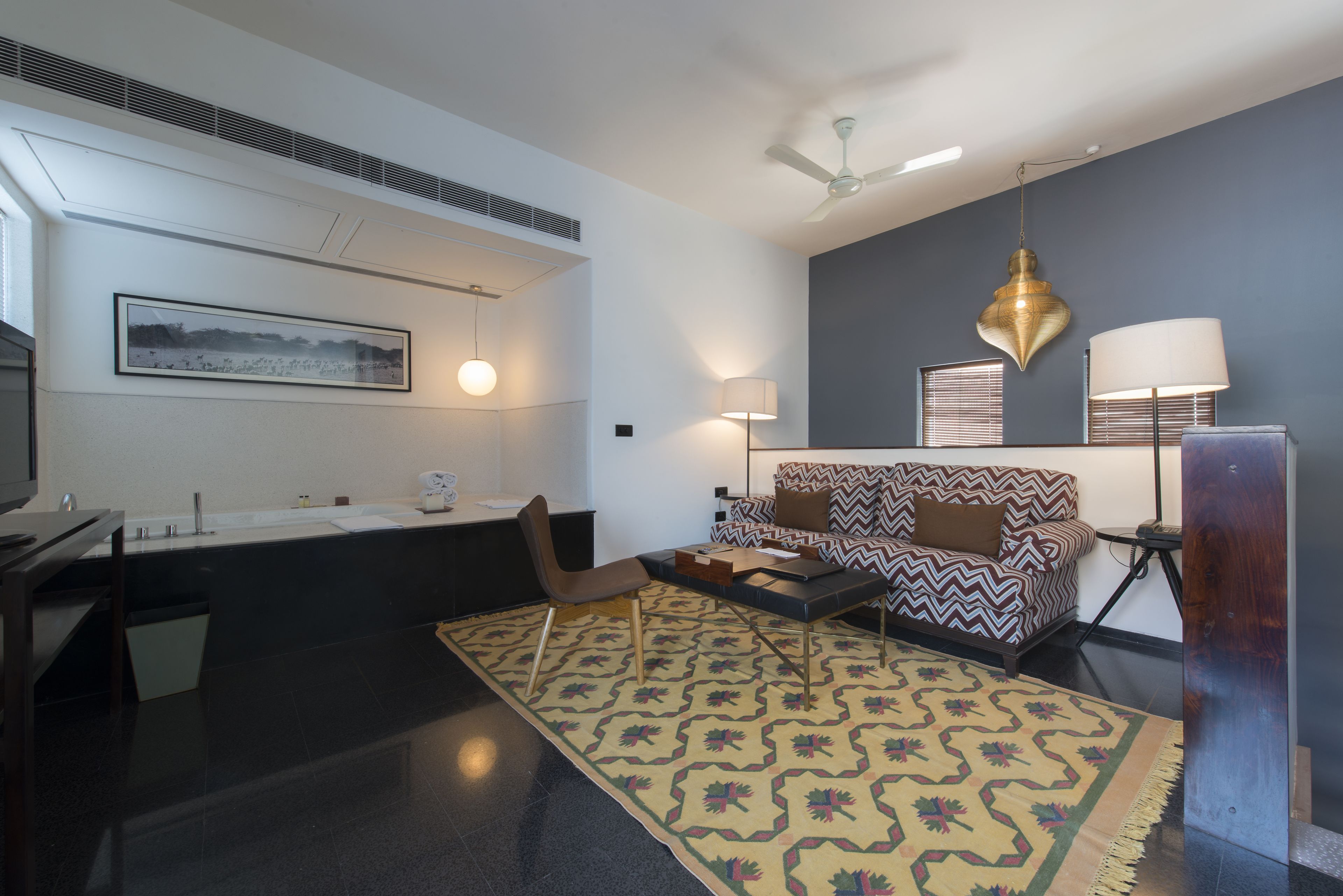 duplex suite | living room | led tv, fireplace