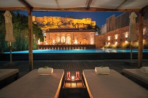 Outdoor pool, pool umbrellas, pool loungers