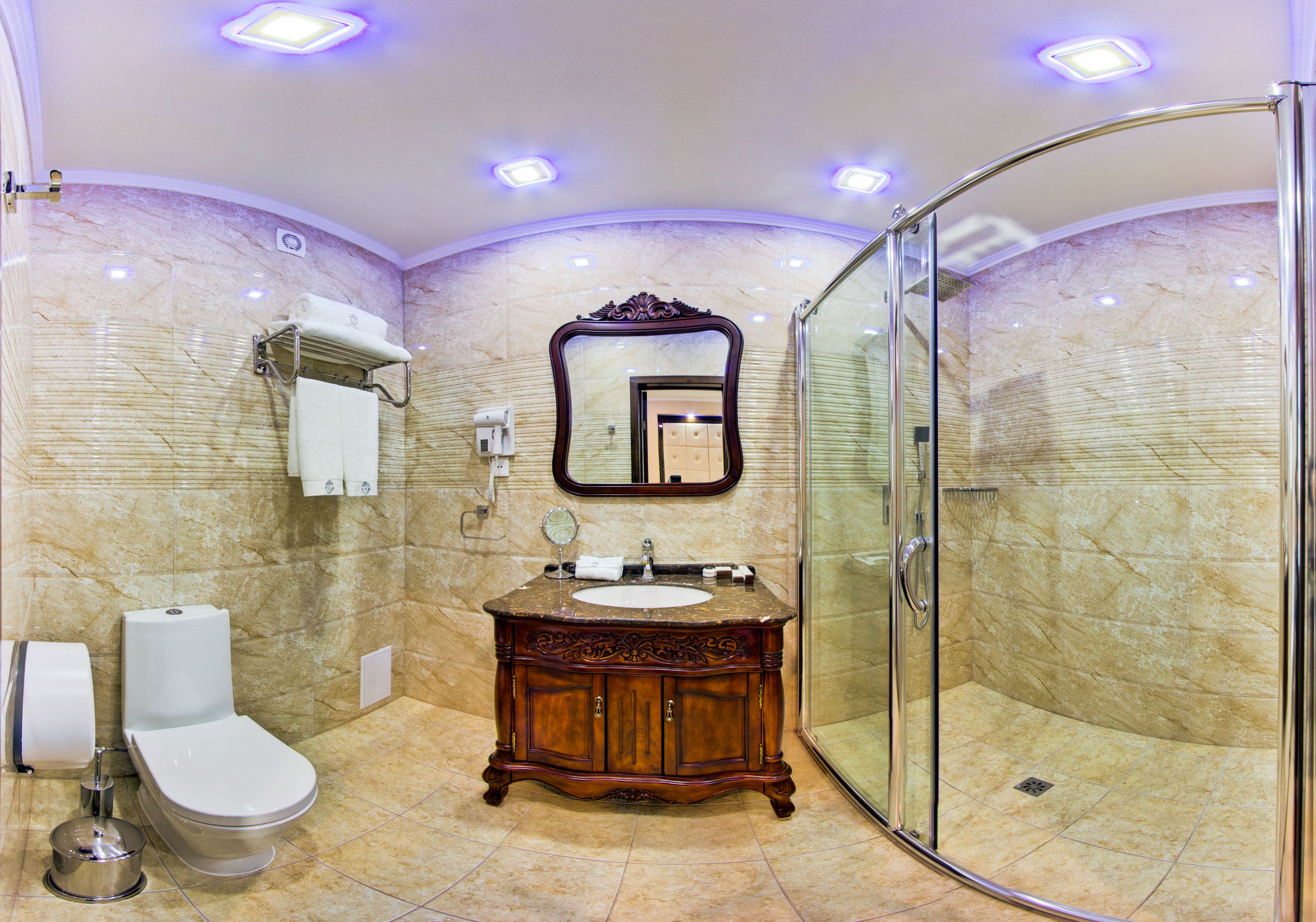 shower, designer toiletries, hair dryer, bathrobes