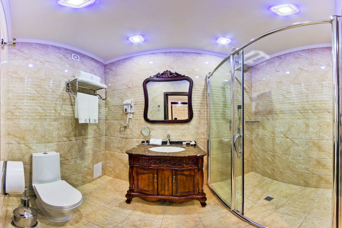 shower, designer toiletries, hair dryer, bathrobes