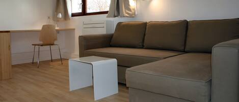 A compact living space with a sofa, a small table, a chair, and a desk area.