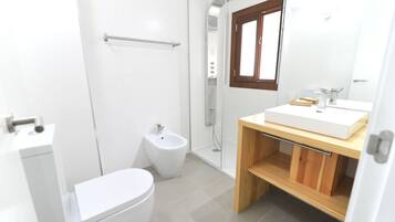 A modern bathroom with a shower, toilet, bidet, and a vanity with a mirror.