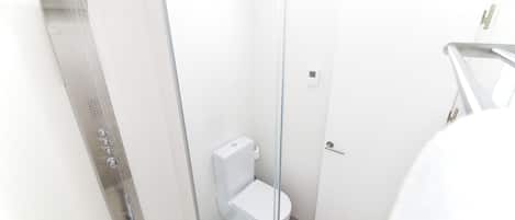 Un baño moderno con ducha de vidrio, inodoro blanco y puerta de vidrio.