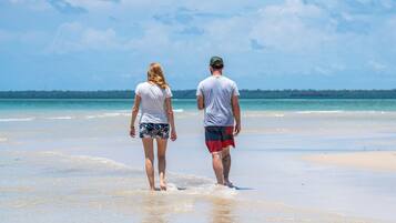 Two people walking on a sandy beach with a clear sky and calm sea in the background.