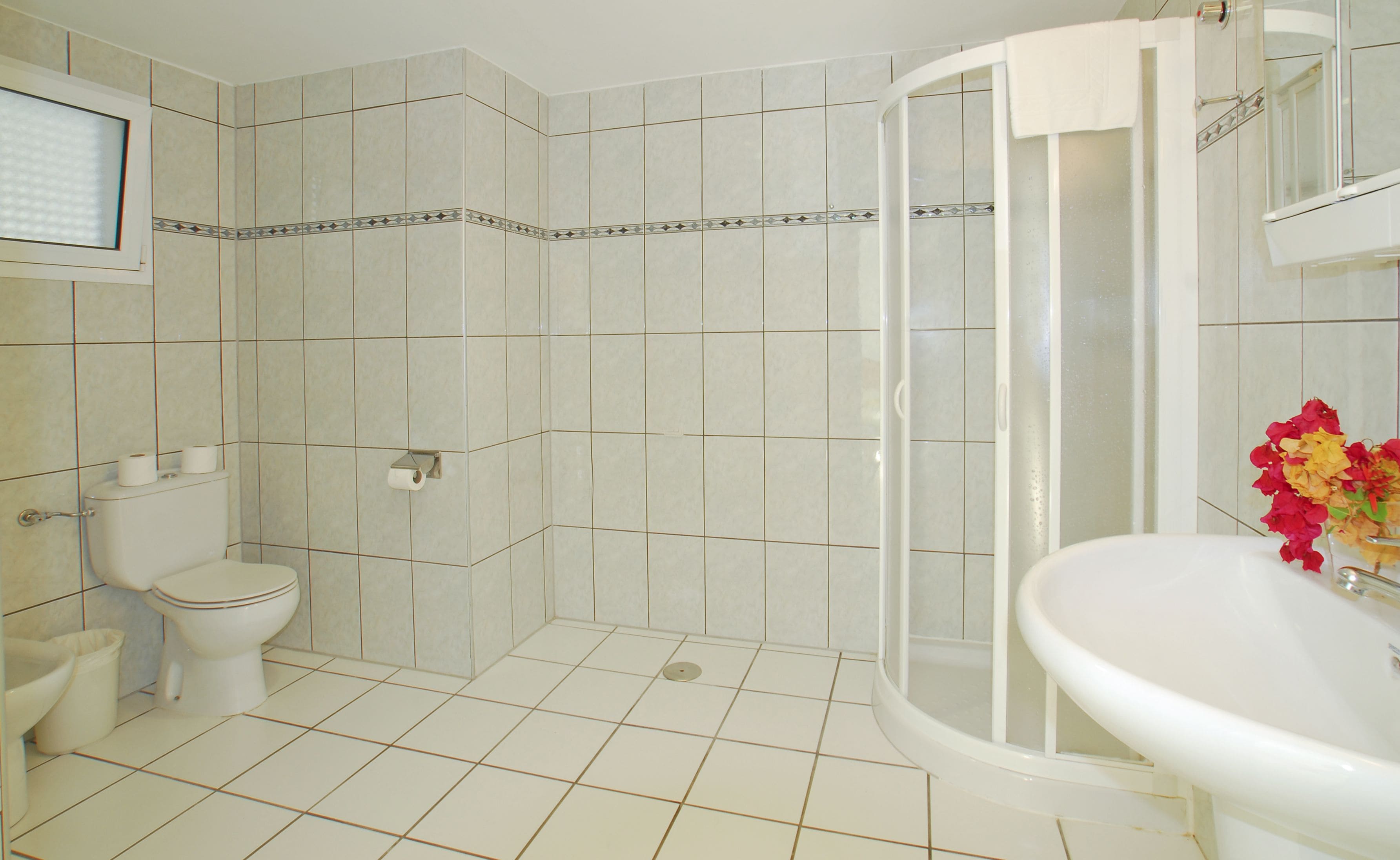 Een badkamer met toilet, douche en wastafel.