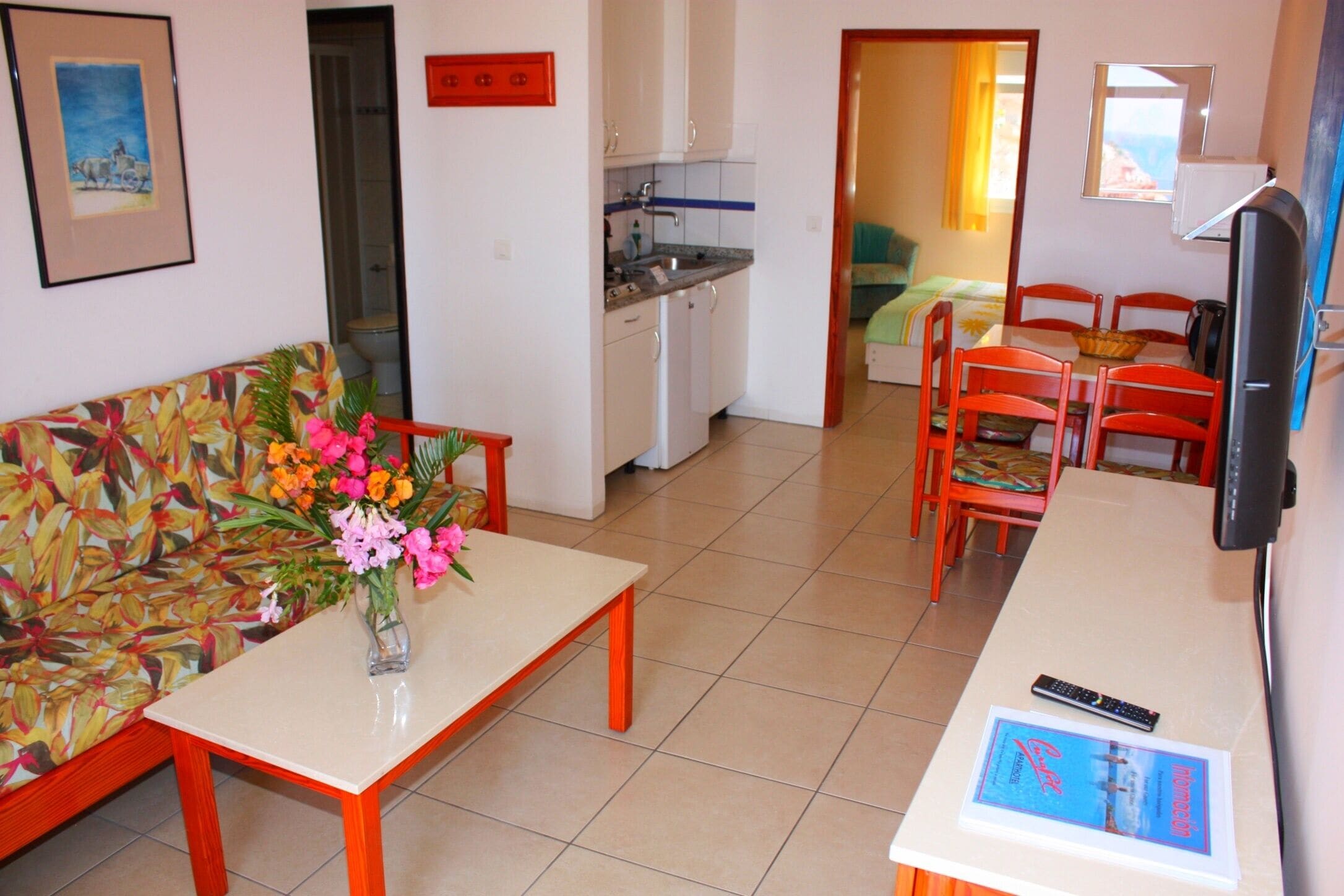 Un ambiente abitativo compatto con angolo cottura, zona pranzo con tavolo e sedie, divano con motivo floreale e televisore.