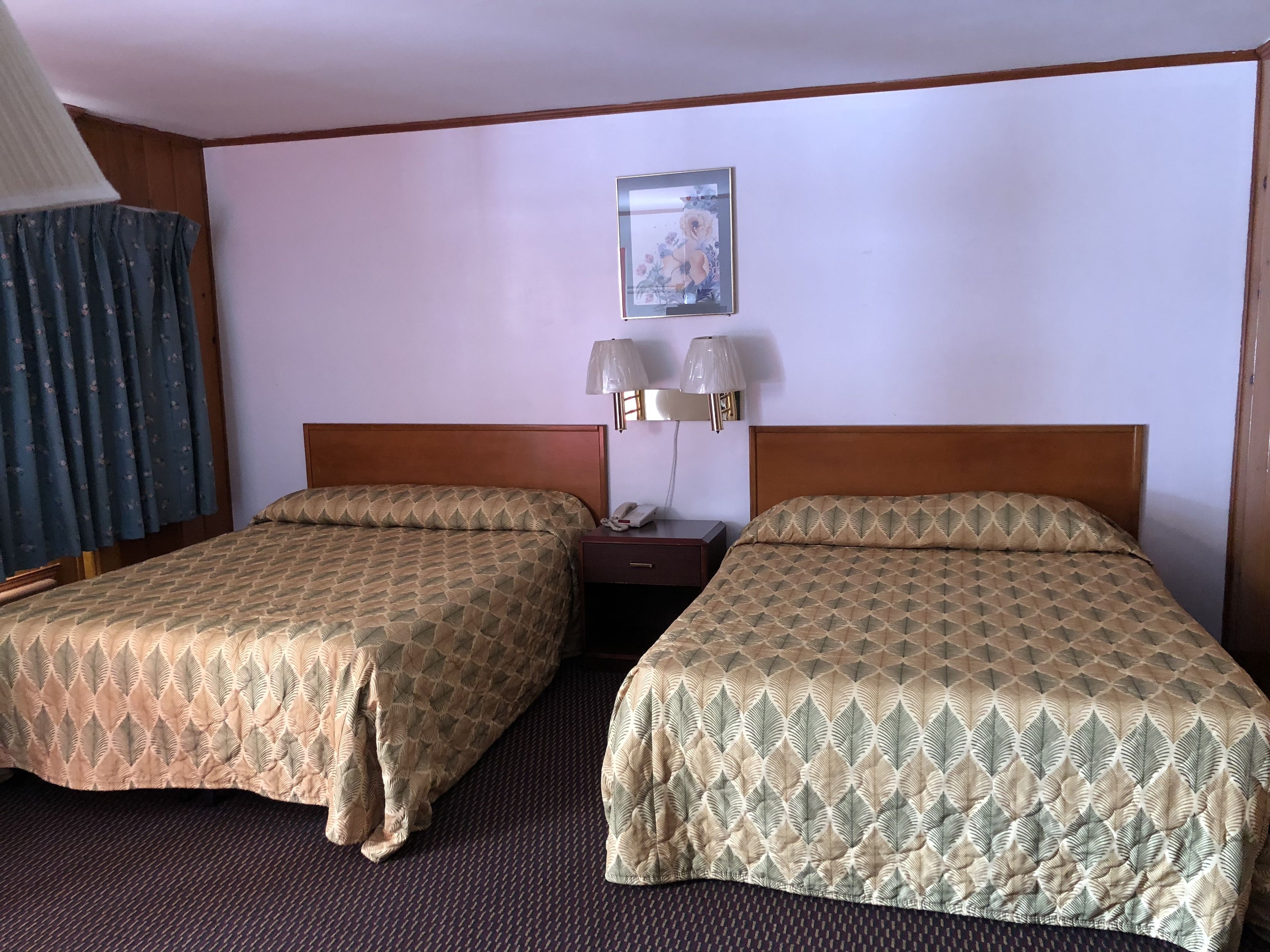 Quarto de hotel com duas camas, uma mesa de cabeceira com abajur e um quadro na parede.