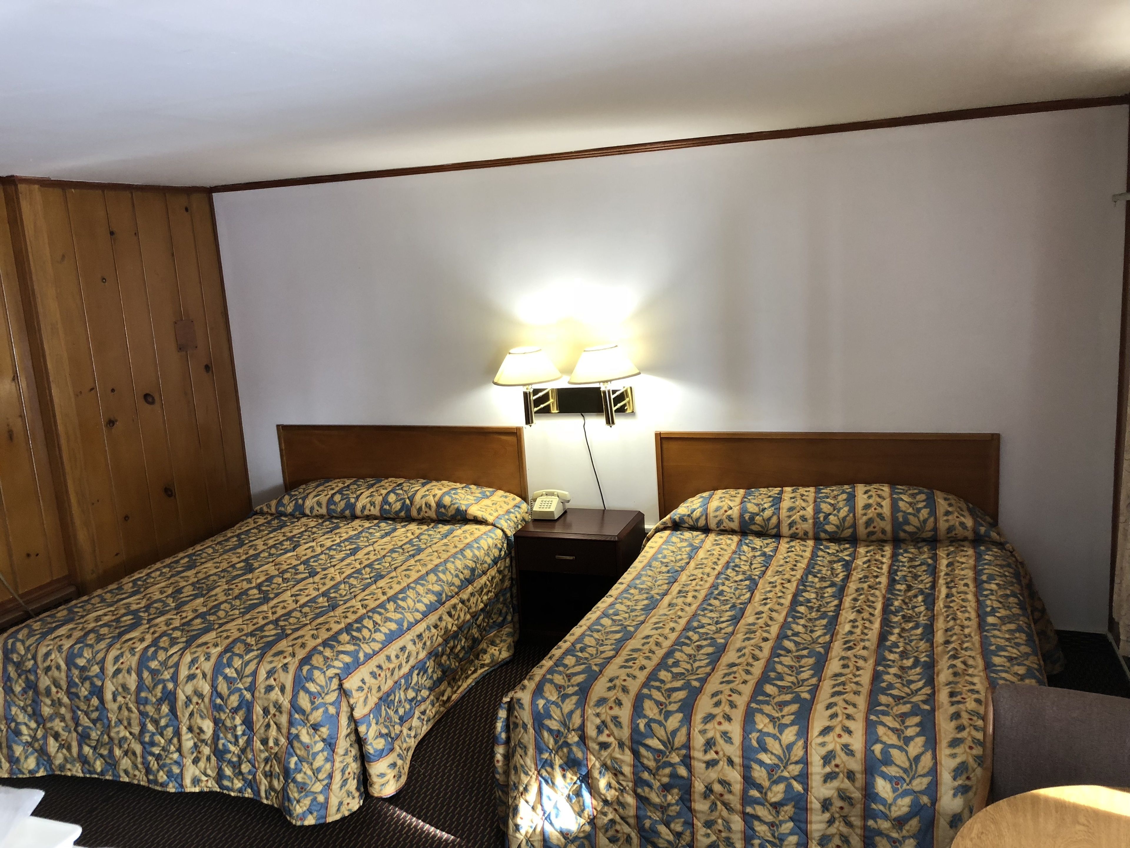 A hotel room with two beds, wooden paneling on the walls, a nightstand with a lamp, and a telephone.