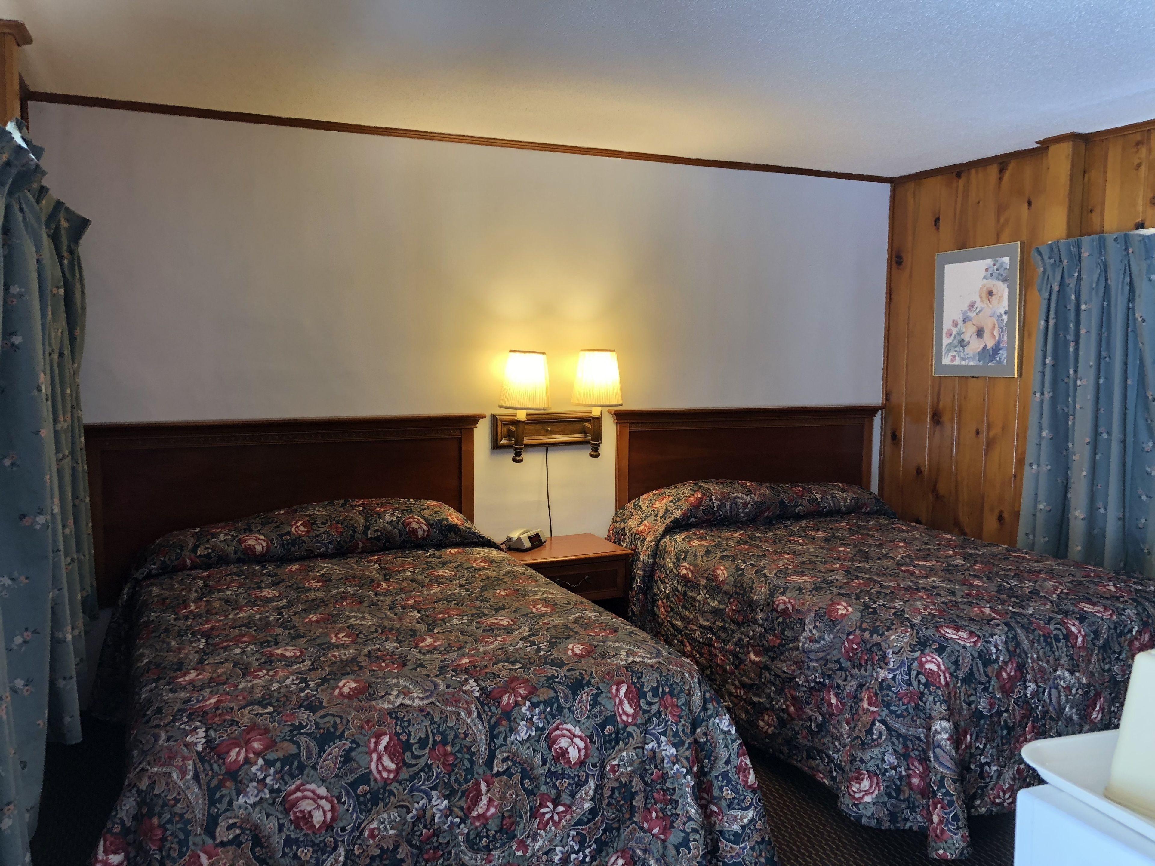A hotel room with two beds, wooden headboards, a nightstand with a lamp, and a framed picture on the wall.