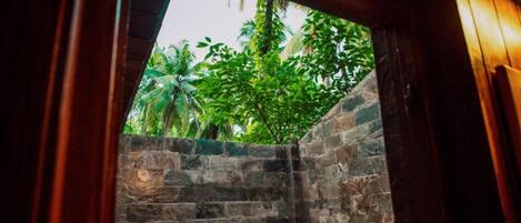 A stone wall with a wooden door frame and a view of lush green trees.