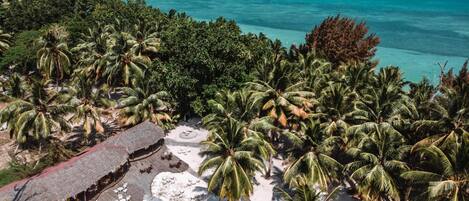 Ranta lähistöllä, valkoista hiekkaa, aurinkotuoleja