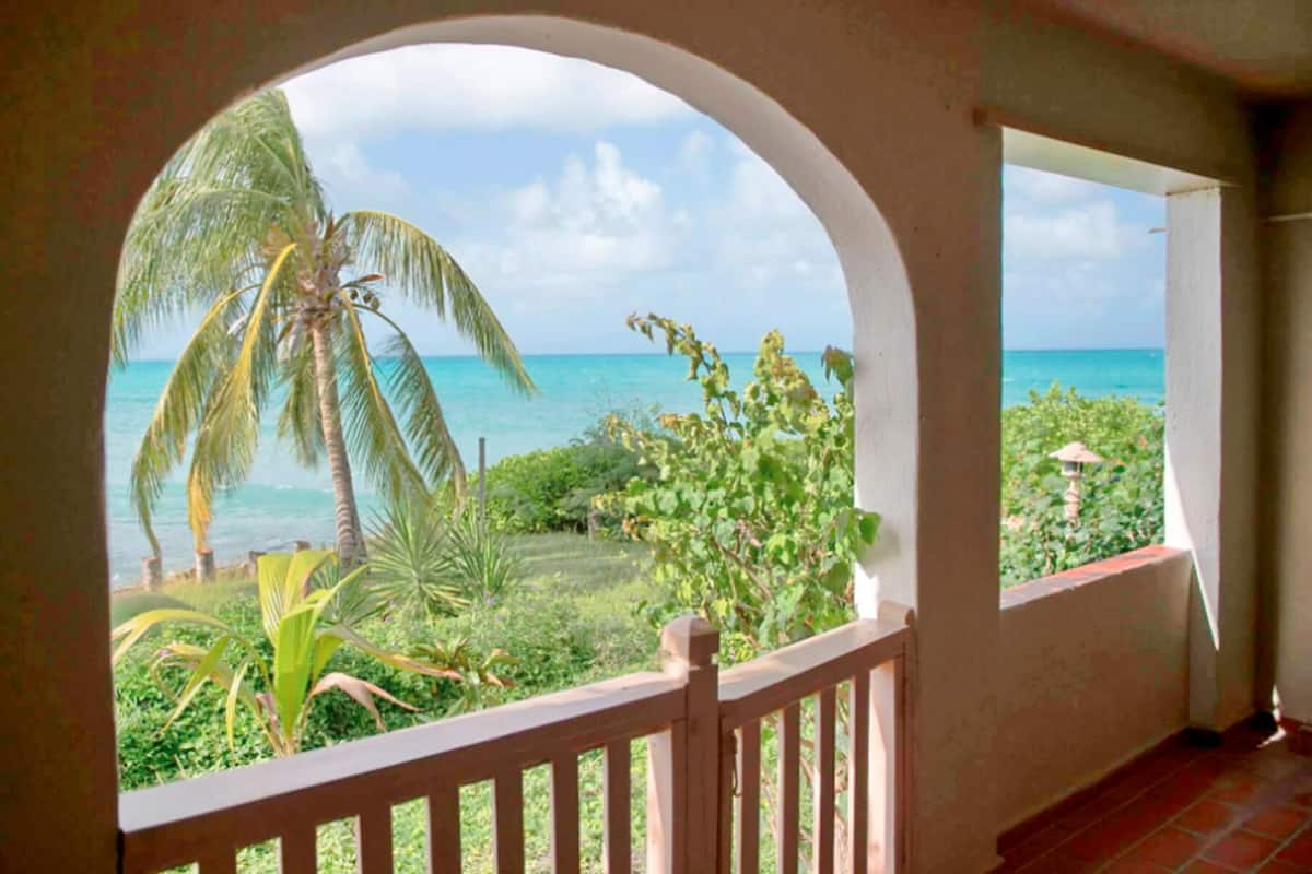 Ein Balkon mit Blick auf das Meer und Palmen.